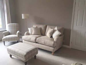 Alwinton 2 Seater Sofa in Linwood Lars Lace with Alwinton Footstool in Moon Hawes Natural