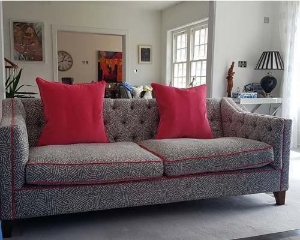 Haresfield 3 Seater Sofa Dipped Arms in  Romo Lorcan  Kaiko Magnesium,  Piping in Varese Velvet Pink
