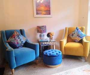 Sennen Chairs in Linwood Omega Velvet Canary & Sky