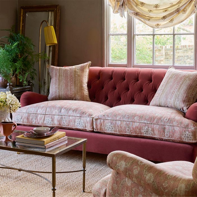 As Seen in Our Brochure January 2024: Chiddingfold 3 Seater Sofa in Linwood Omega Tawny Velvet and V&A Threads of India Regal Arabesque Flame with Scatters in Sulawesi Splendour Jaspe