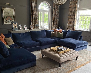 Stockbridge U shaped Sofa in Linwood Omega Atlantis with Contrasting Omega Velvet Cushions