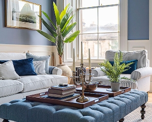 Cooksbridge Chair in Ticking Mist with Porthallow footstool in Plain Dundee Herringbone Sky