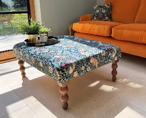 Kentwell Small Footstool in Morris & Co Marigold Indigo Linen