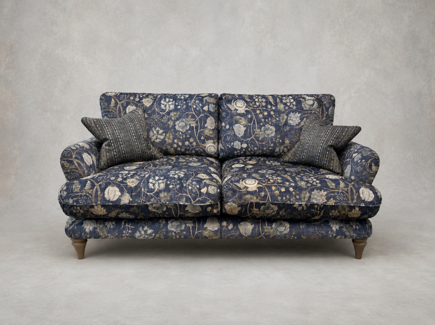 Outlet Sutton Coldfield: Pugin 3 Seater Sofa in V&A Threads of India Opulent Velvet Tree Of Life Ink with contrasting scatters