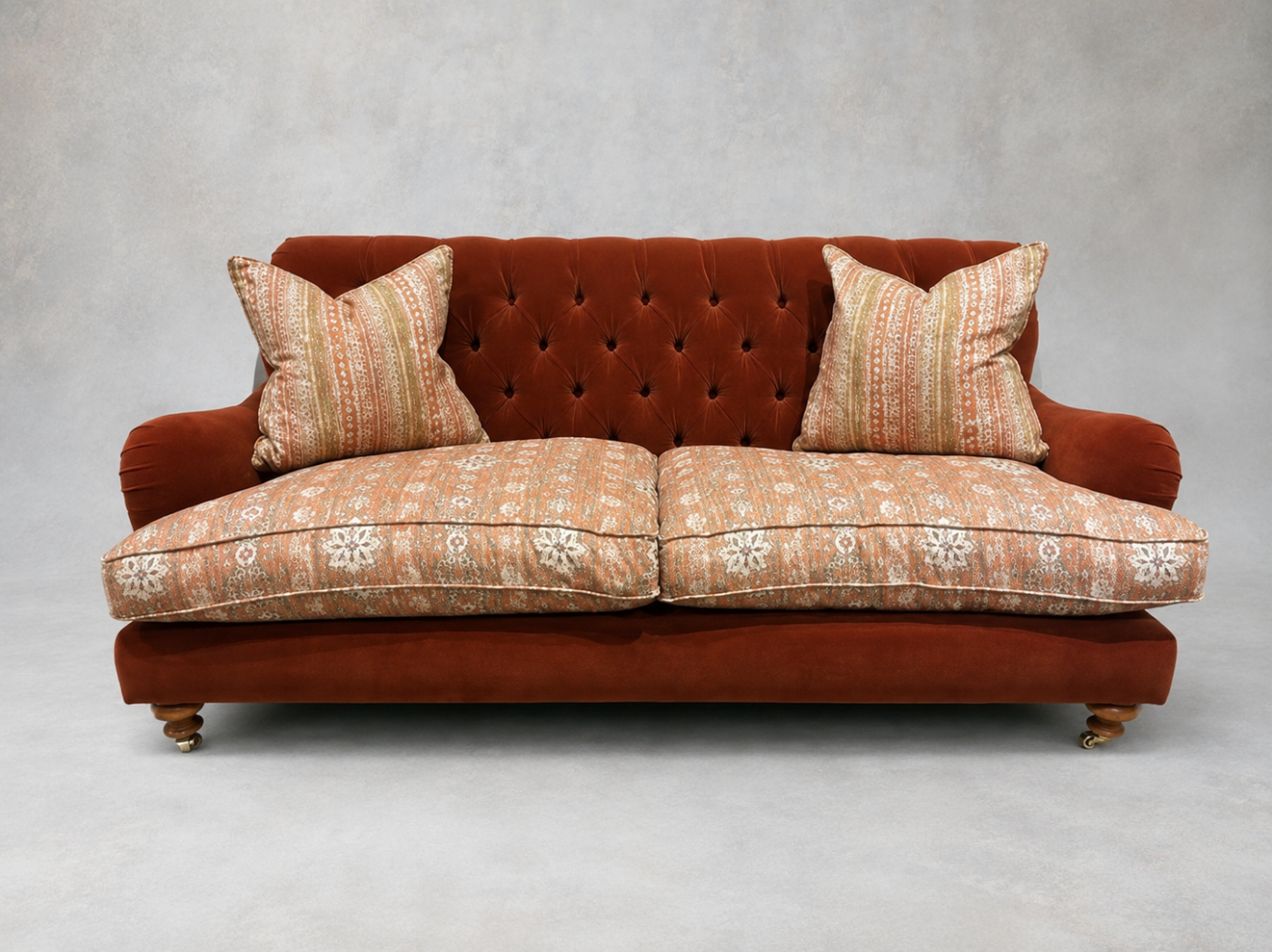 Outlet West Sussex: Chiddingfold 3 Seater Sofa in Omega Velvet Tawny Velvet and V&A Threads of India Regal Arabesque Flame with scatters