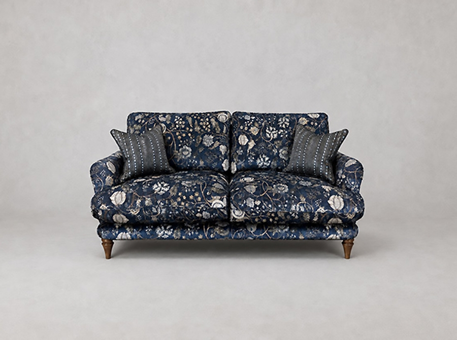 Outlet Edinburgh: Pugin 3 Seater Sofa in V&A Threads of India Opulent Velvet Tree Of Life Ink with contrasting scatters